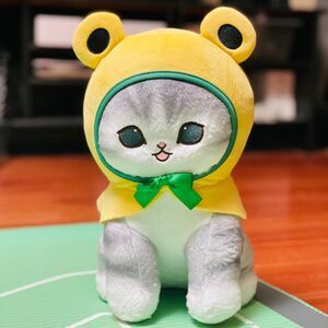 NWT Authentic Mofusand Yellow Frog Grey Tabby Kitten Plushie 11”